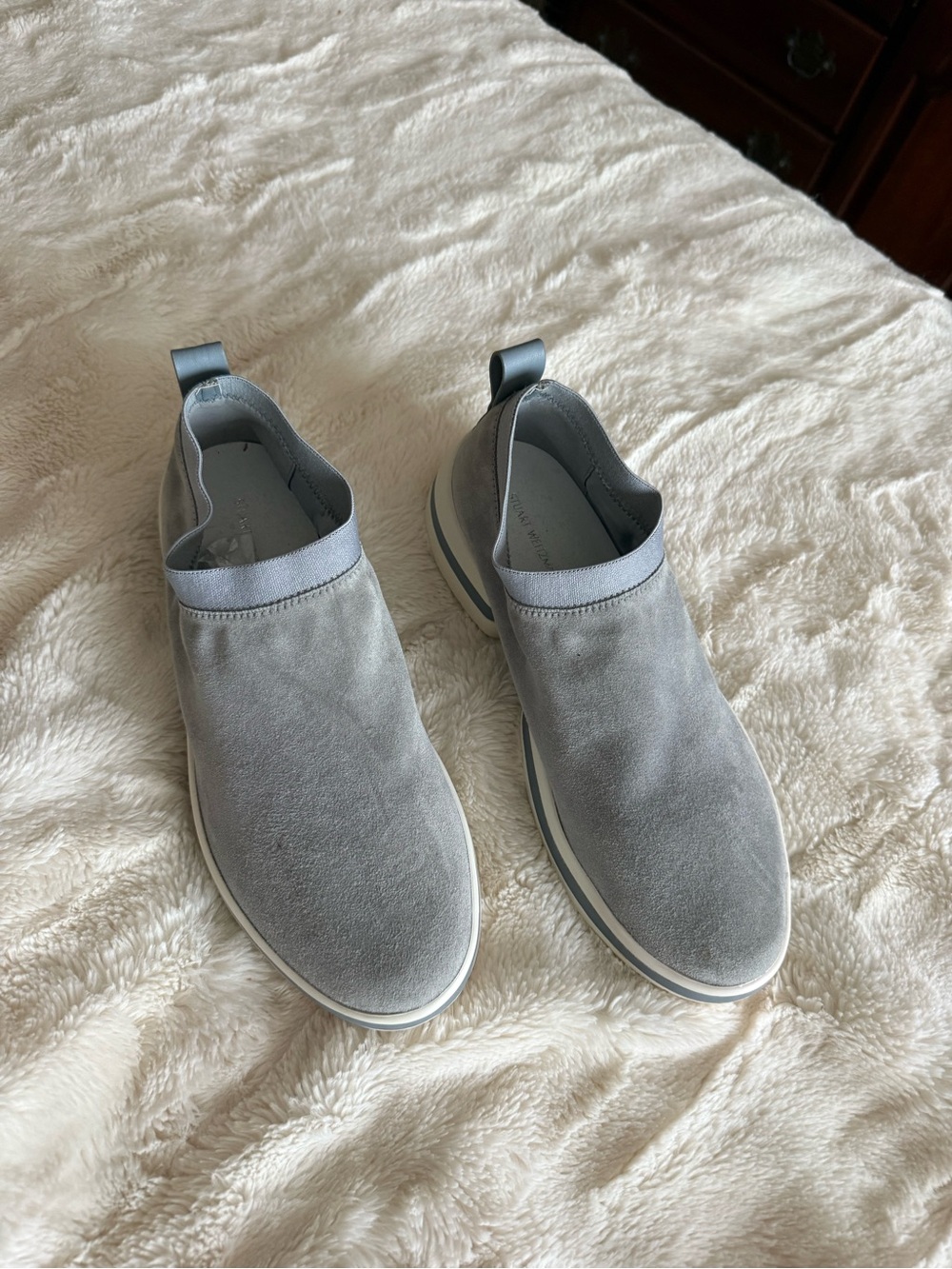 Stuart Weitzman Woman’s Slip-On Loafers in Light Gray Suede